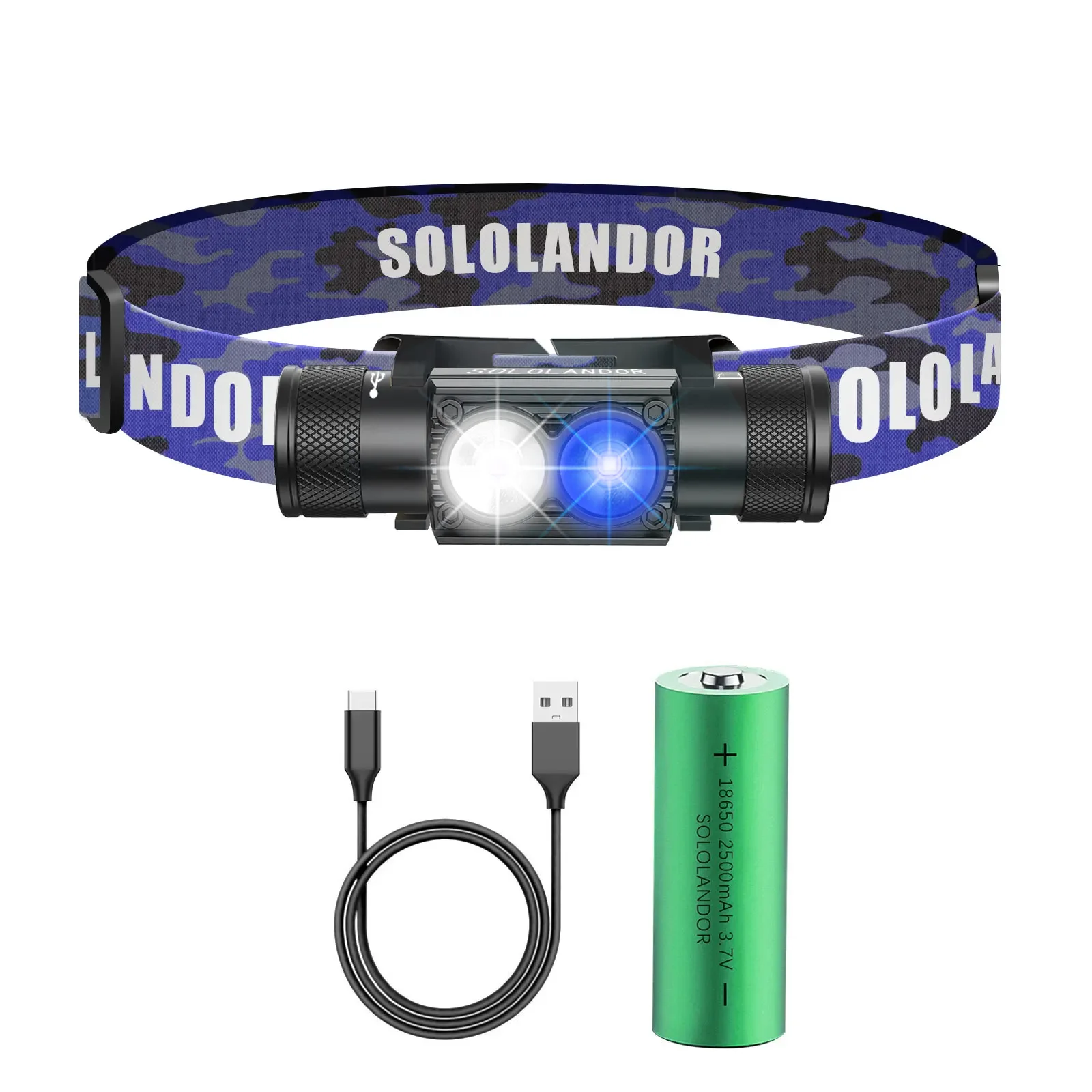 

SOLOLANDOR Белый Синий мощный светодиодный передний фонарь 18650, перезаряжаемый фонарь для рыбалки и кемпинга, фонарик