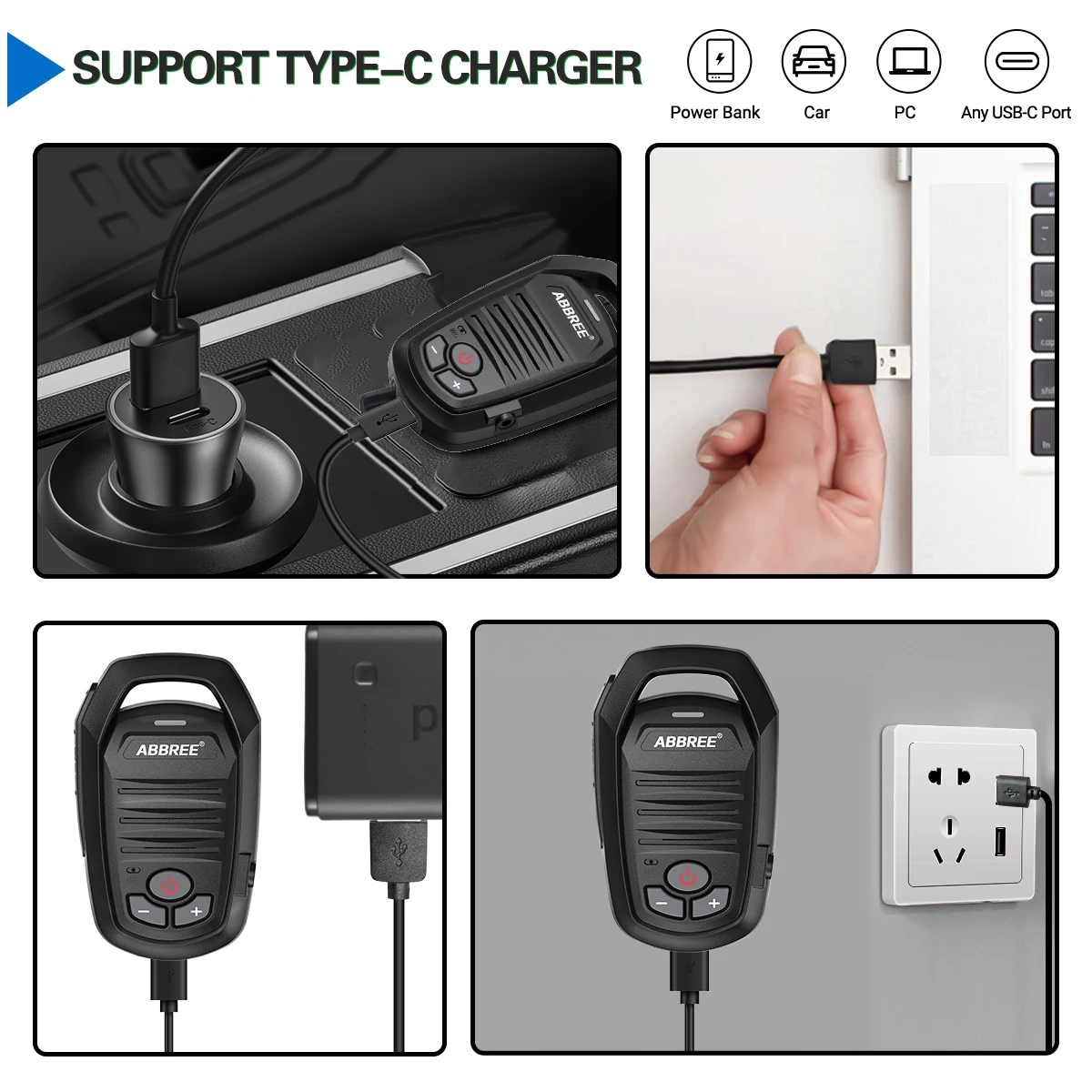 Abbree microfone sem fio bluetooth alto-falante portátil tipo-c para baofeng UV-5R UV-21R UV-32 BF-888S quansheng tk11 walkie talkie