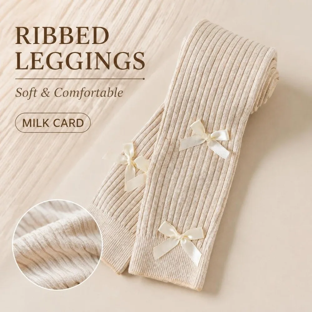 Slim-Fit Girls Bow Leggings Skin-Friendly Stretchy Kids Ribbed Tights Striped Soft Fabric Children Ankle Pants