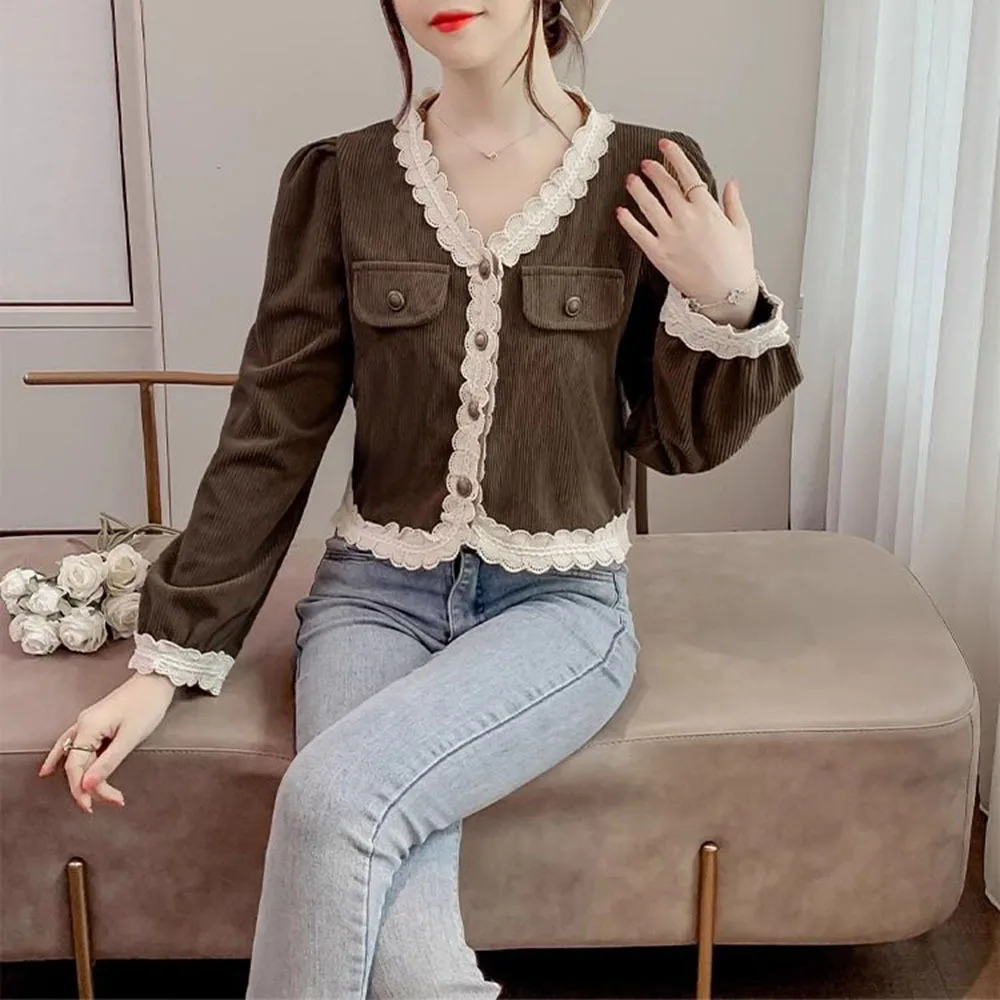 V-neck long sleeved embroidered lace shirt for women, 2023 autumn and winter new style French style short jacket top