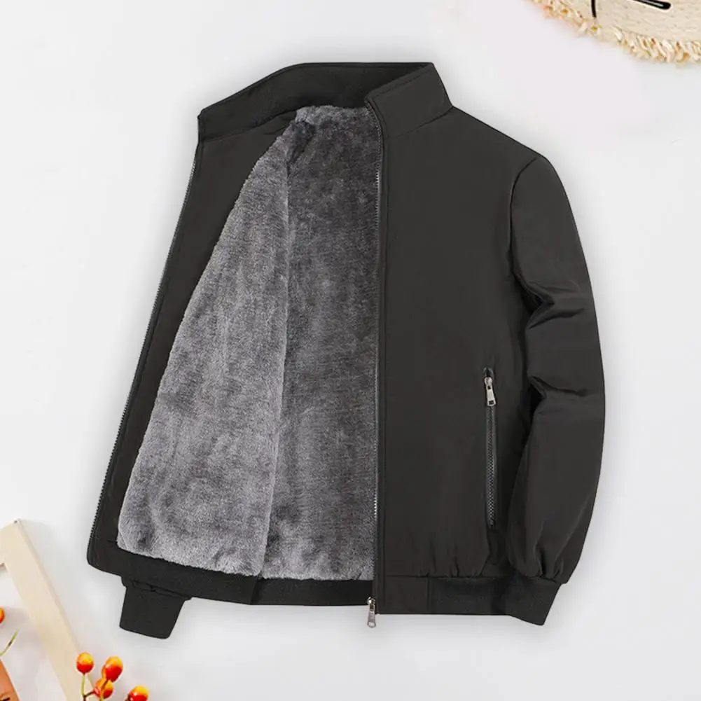 

Wind-resistant Winter Jacket Windproof Cardigan Jacket with Plush Collar Zipper Pockets Elastic Cuffs for Men Plus Size Winter