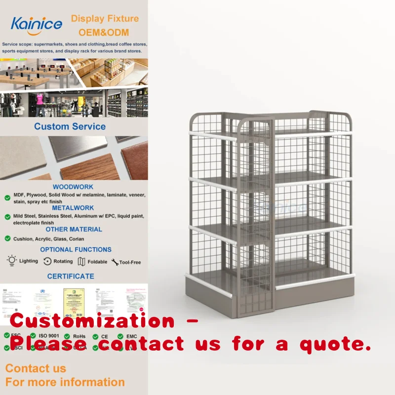 

Customize.Kainice 4-tiers Powder Coating Retail Store Metal Wire Hanging Grid Metal Products Stand Shelves with Standing Gray Di
