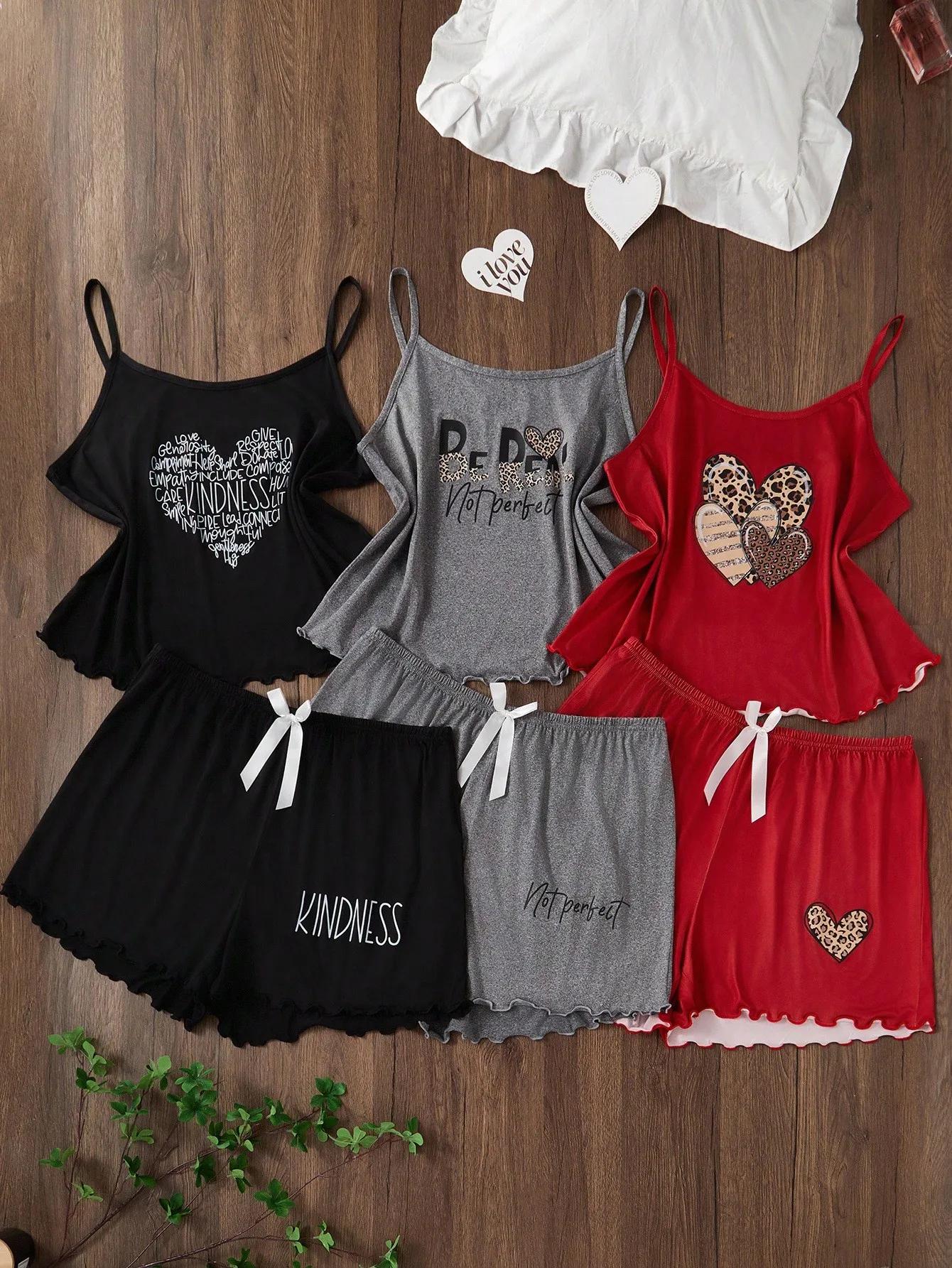 

3-Pack Women's Knit Pajama Sets with Spaghetti Straps, Heart Prints & Ruffled Hem