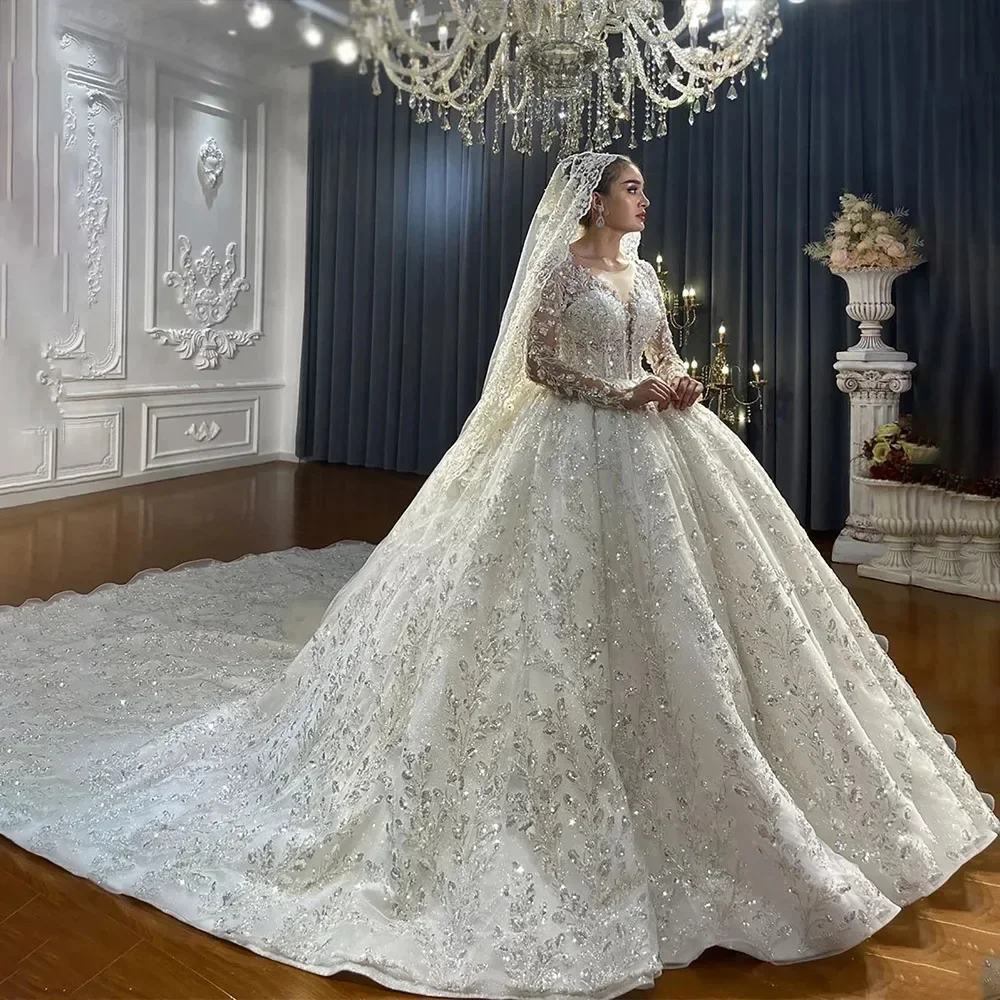 Robe De mariée personnalisée à manches longues pour femmes, avec des Appliques De paillettes, col rond, robe De mariée