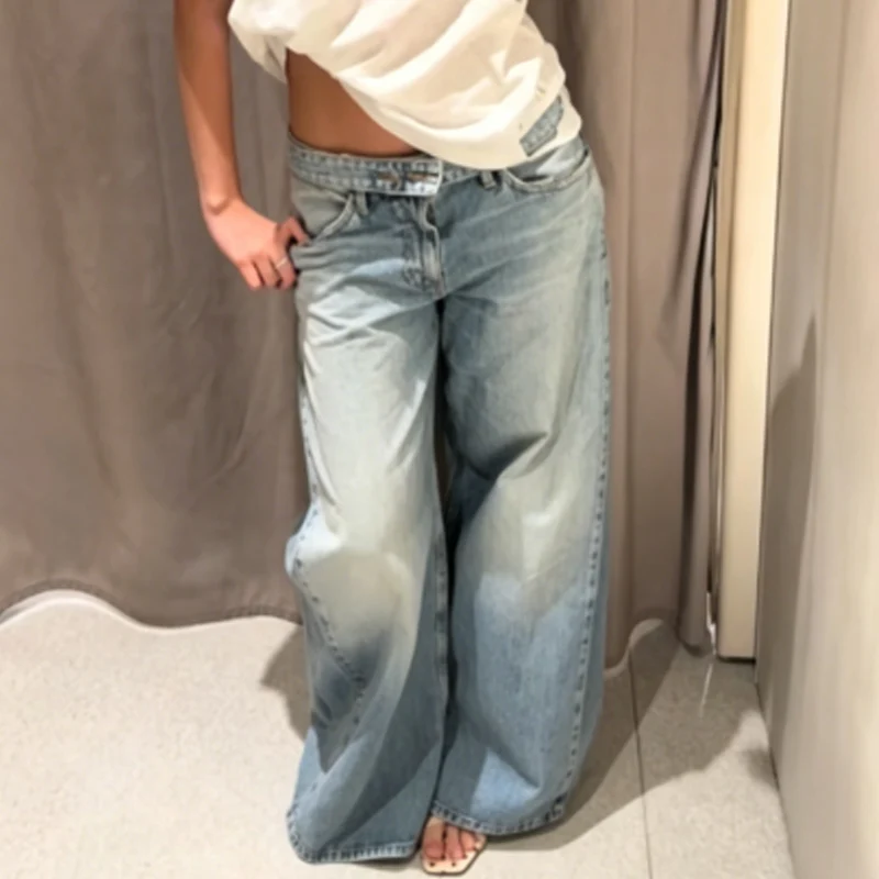 HXAO Blaue Baggy Jeans Damenhose Sommer 2026 Damenmode Mittlere Taille Weites Bein Gürtel Denim Hose Lässige Y2K Streetwear Hose – Detail 9