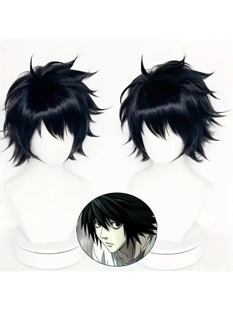Peruka Anime DEATH NOTE Detektyw L, przebranie na imprezę, nakrycie głowy, czarne, krótka, kręcona peruka inspirowana postacią L·Lawlieta z anime. — 2