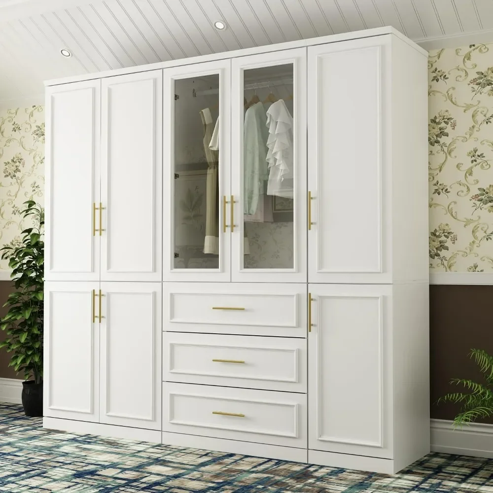 

Modern Wardrobe Cabinet with 8 Doors and Hanging Rods, Wardrobe with Glass Doors and 3 Drawers, for Bedroom Cloakroom,