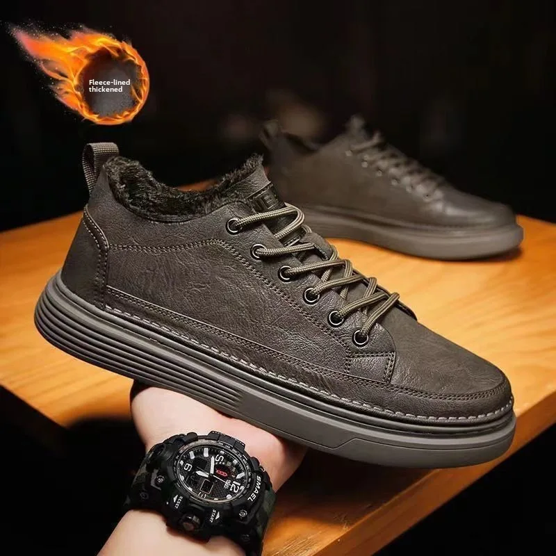 Leather Casual Men Cotton Shoes Versatile Anti Slip Black Business Shoes Plush Platform Shoes Round Head Flat Bota Masculina