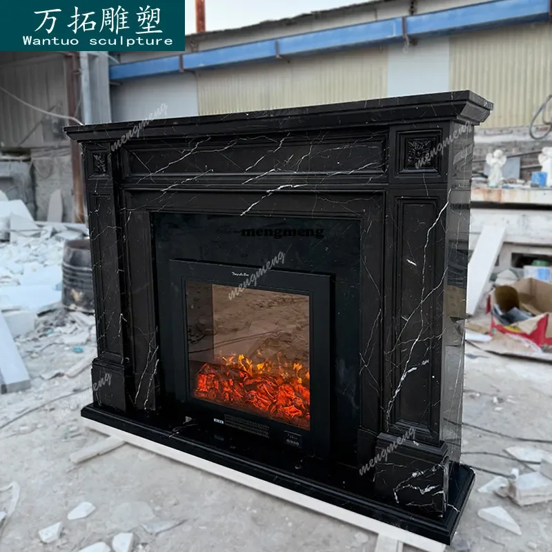 

Y136 Y136 Marble fireplace black and white root stone fireplace French American modern simple living room black stone fireplace