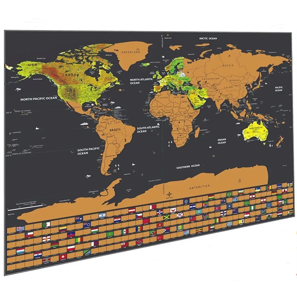 Deluxe Global Scratch Maps National Flag Travel Maps, Top quality Gold Scratch Off Layer Visual Travel Maps Wall Decor Poster