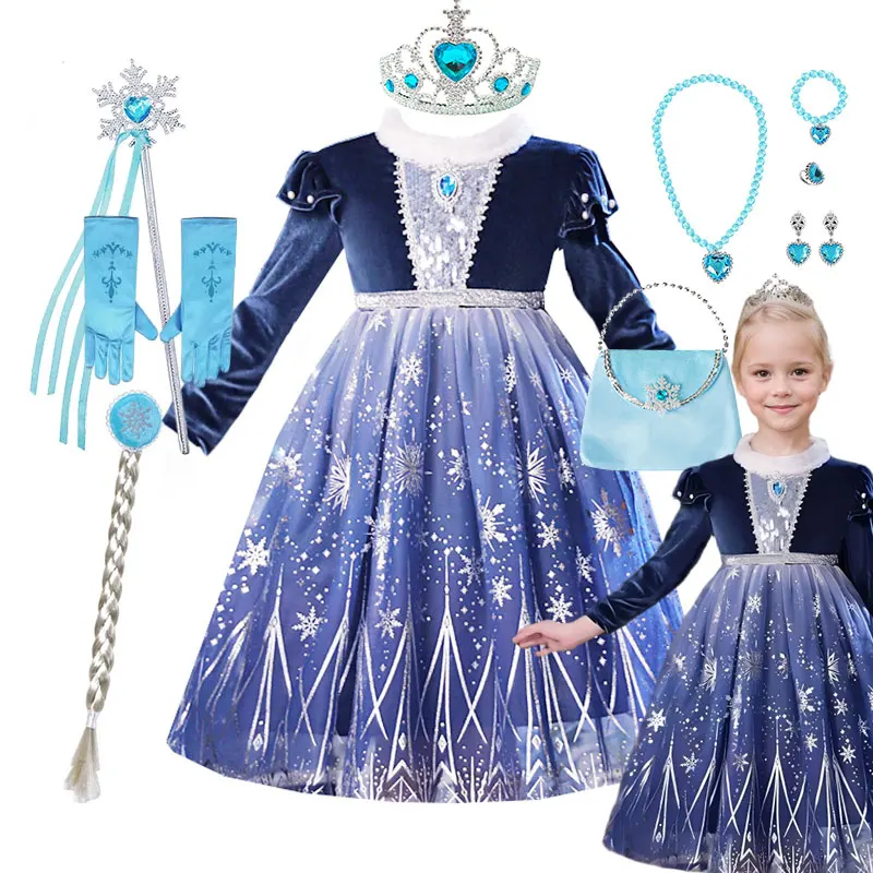 2026 Cartoon-Film Inspiriertes Mädchen Winter Prinzessinnenkleid Langarm Warmes Schneekönigin Cosplay Kostüm Kinder Elsa Party Ballkleid