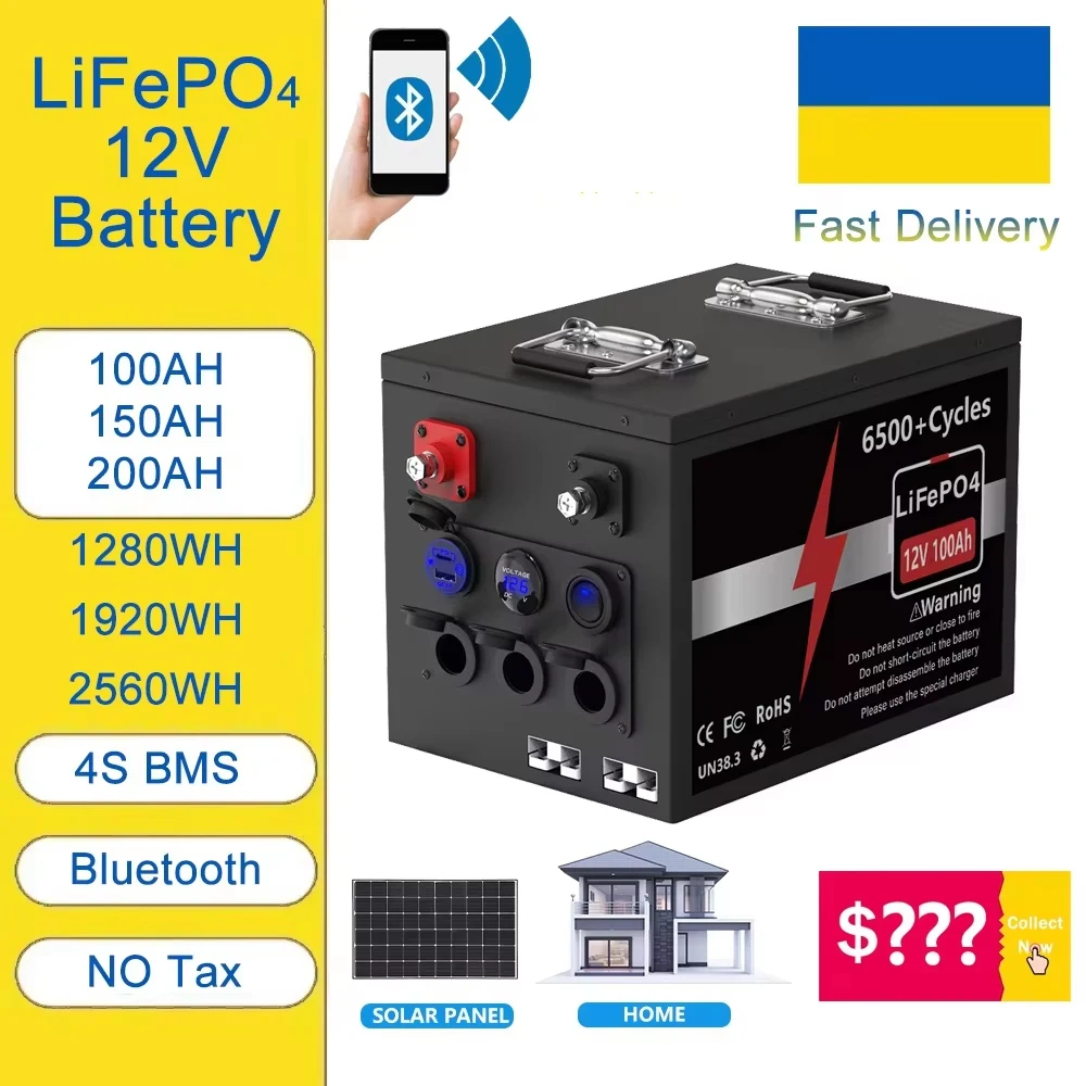 LiFePO4 12V 100Ah 150Ah 200Ah Bluetooth BMS 6500+ Cycles LiFePO4 Battery 12.8V Pack Lithium Battery QC3.0