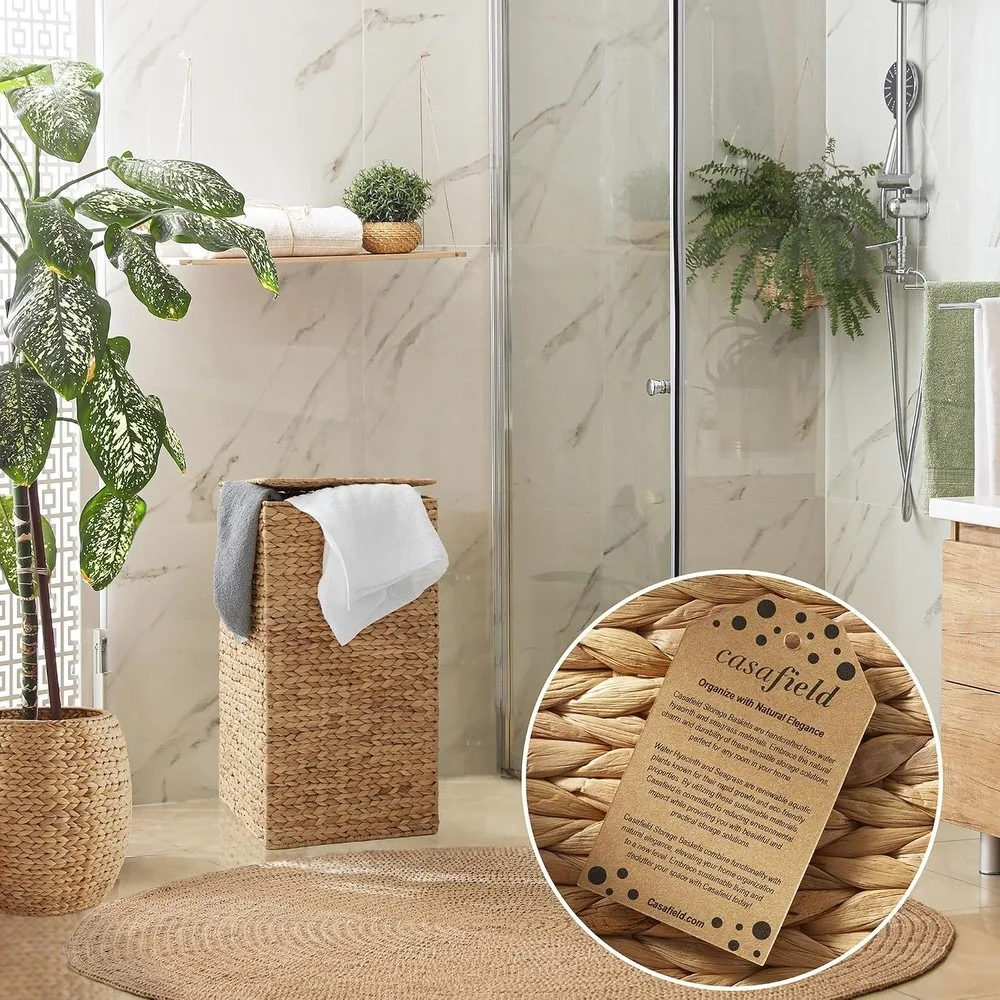 Natural Woven Water Hyacinth Laundry Hamper with Lid & Removable Liner Bag, Square Clothes Sorter Basket for Towels, Bedroom