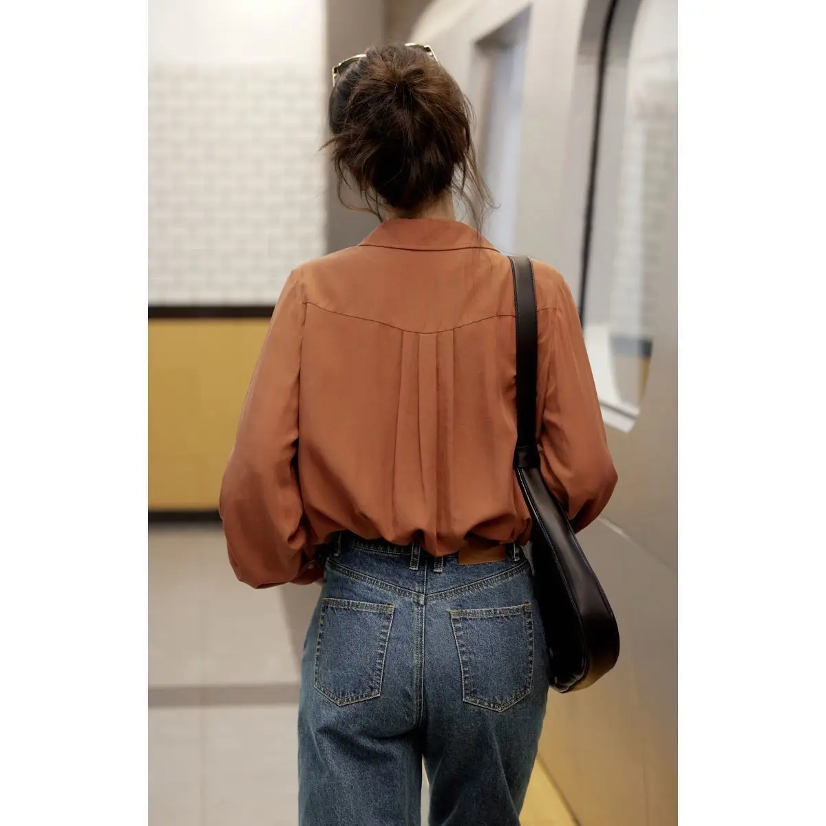 الفرنسية الرجعية مزدوجة الصدر فانوس كم قميص المرأة الجديدة برتقالي أحمر التنقل الخارجي كم طويل الأعلى #2