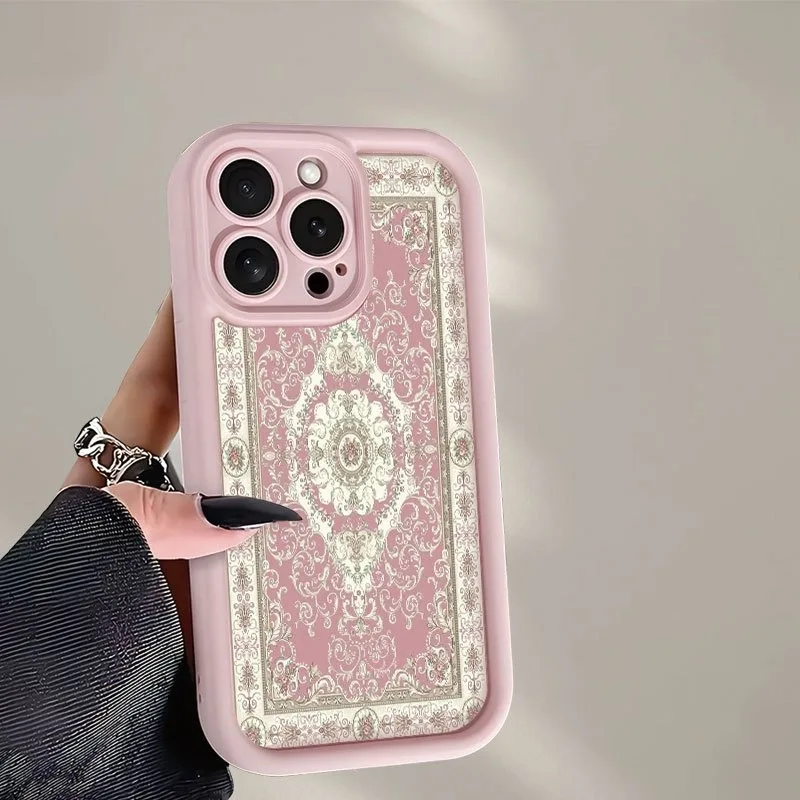 Phone Case For iPhone 11 12 13 14 15 16 17 Pro Max XS XR X 7 8 Plus 17E 16E SE 2020 Vintage European Carpet Design in Pink Cover view 2