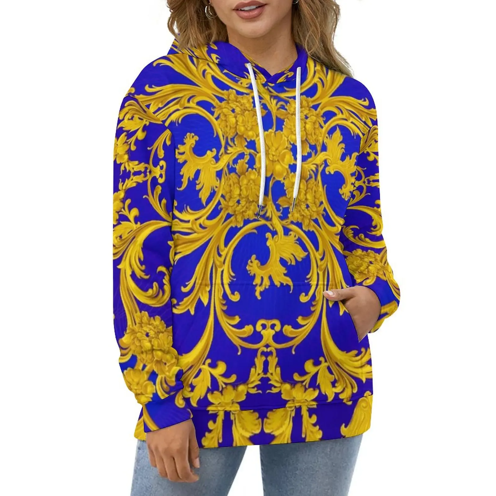 Baroque Floral Hoodies Blue and Gold Korean Fashion Casual Hoodie Long Sleeve Kawaii Printed Hooded Sweatshirts Big Size 4XL 5XL