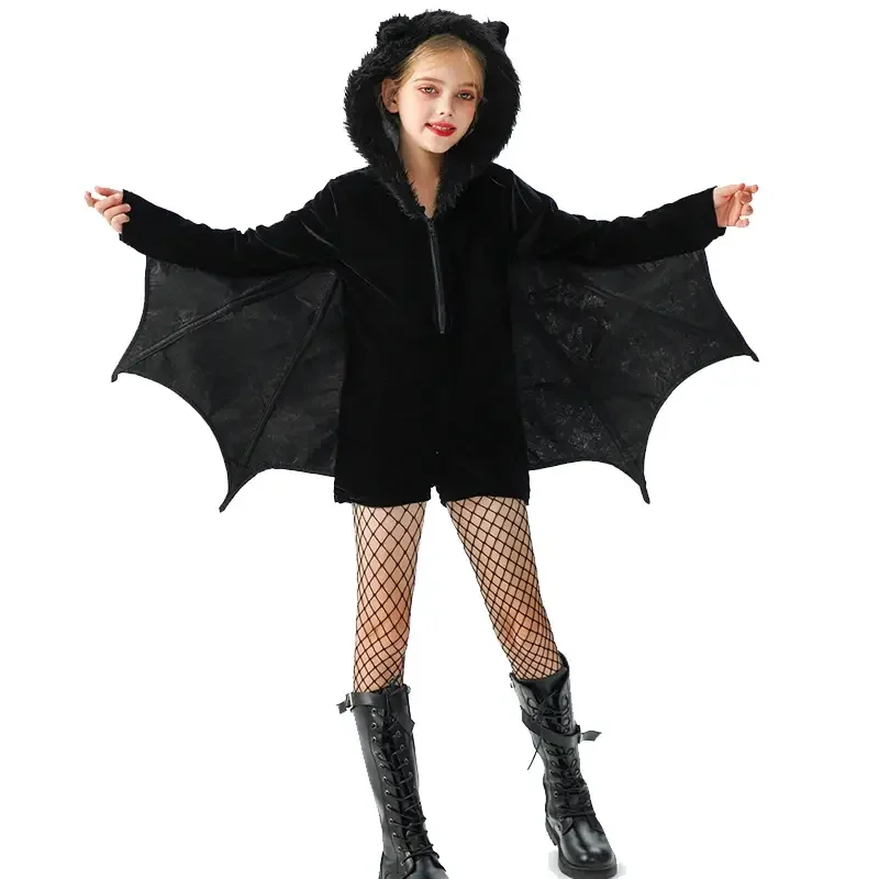 

Halloween Costume Wicked Vampire Bat Jumpsuit Carnival Party Bat Hooded Bodysuit Gothic Outfit Adult Kids Black Wings Romper