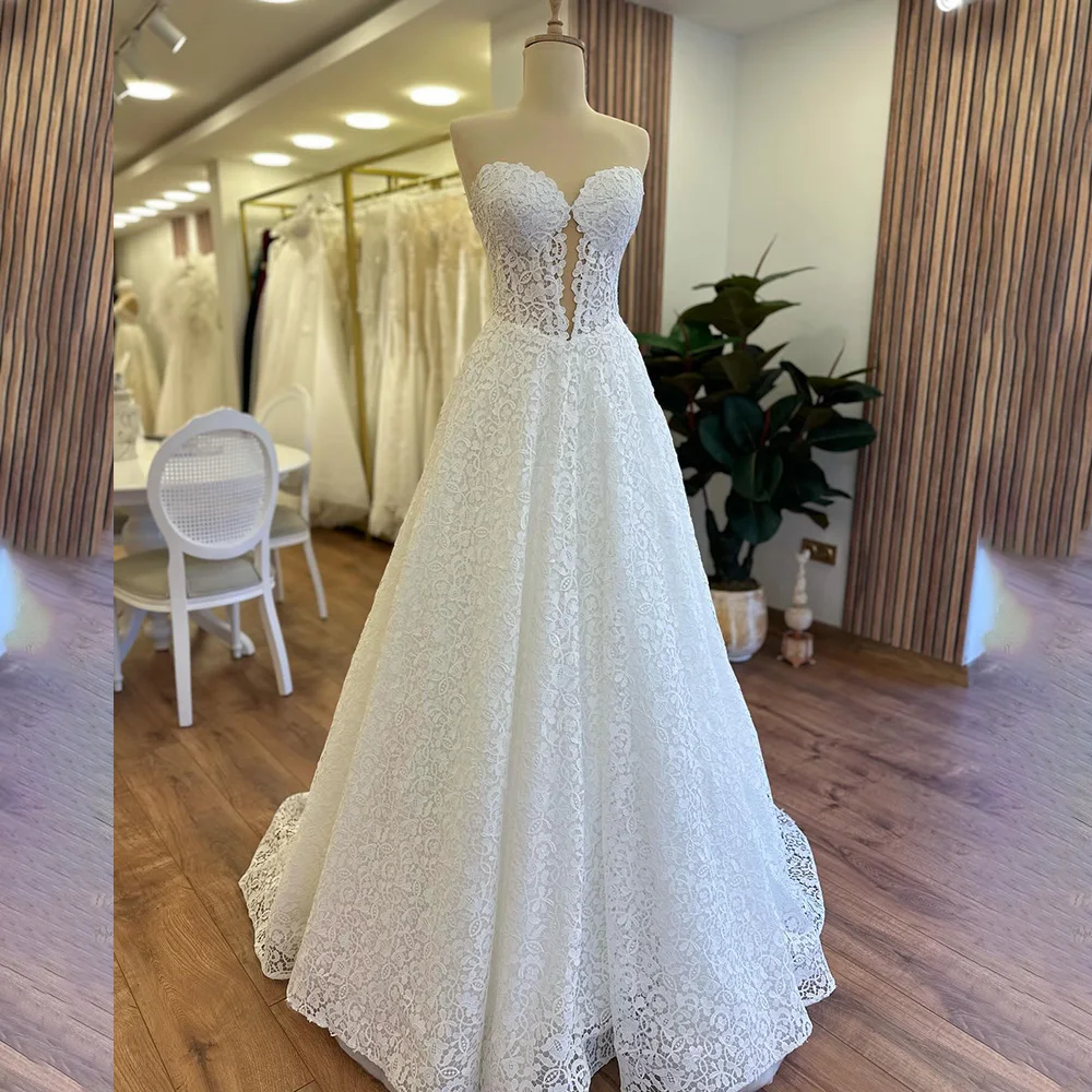 Vestido de novia de encaje con apliques sin tirantes, vestido de novia con Espalda descubierta, corte en A