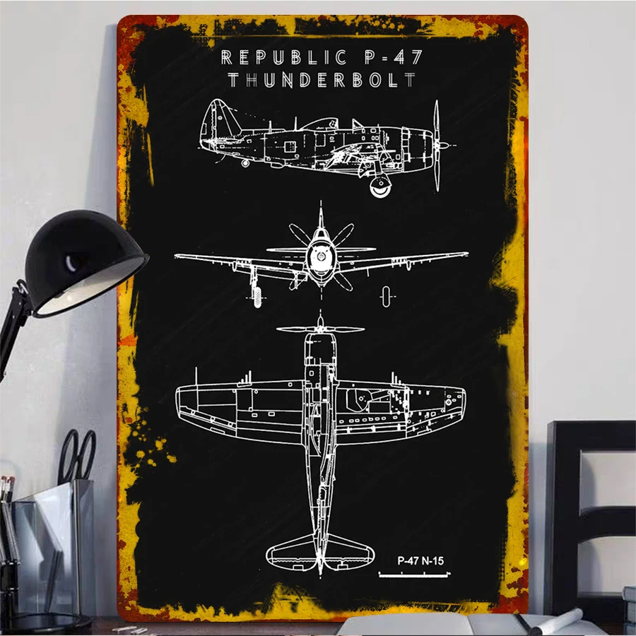 Vintage WWII P-47 Thunderbolt Metal Wall Art Military Aviation Decor Collectible Home Decorative Painting