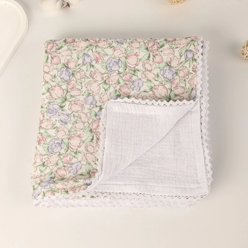 Uprgades Infant Throw Enhances with Intricates Lace Border Elegant Swaddles Blanket 4 Layer Newborns Blanket Present 0