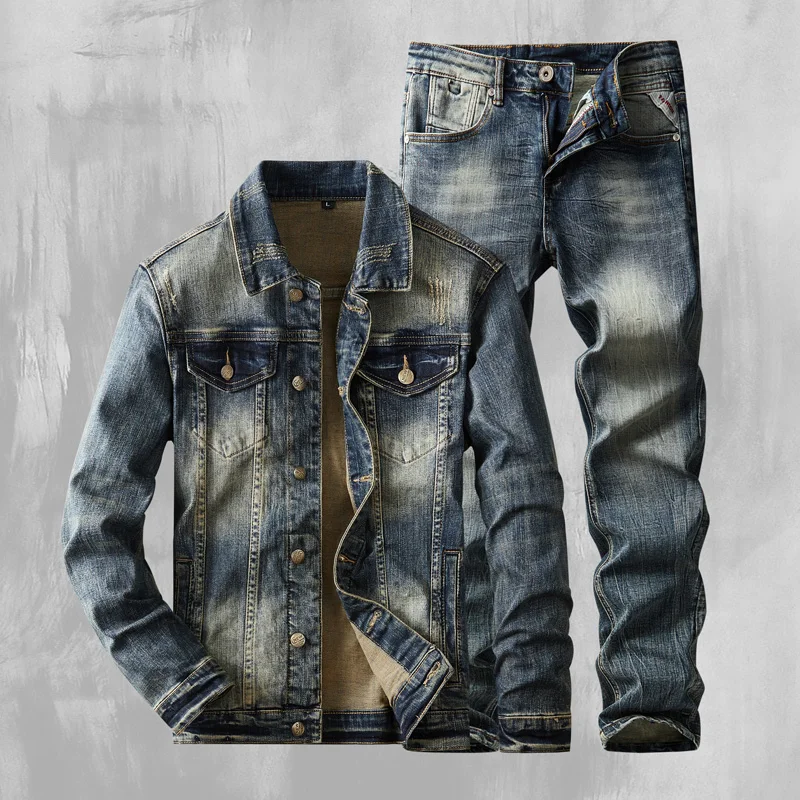 2024 outono/inverno novo americano denim casacos conjunto clássico simples e versátil lavado elástico cowboy jeans roupas para homem