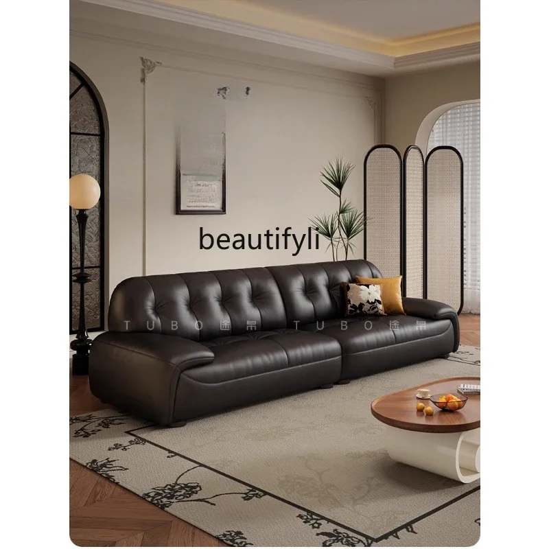 

C Retro style oil wax leather sofa first layer cowhide Italian light luxury small apartment living room straight row