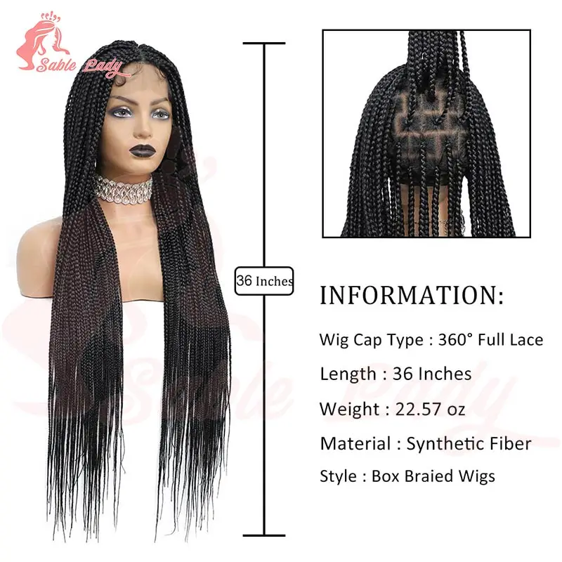 36 بوصة Knotless صندوق شعر مستعار مضفر الاصطناعية كورنو Knotless صندوق الضفائر شعر مستعار كامل الدانتيل شعر مستعار أمامي للنساء السود تجديل شعر مستعار #5