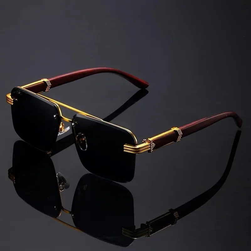Women's Frameless Double Beam Fashion Sunglasses Golden Border Wood Grain Bracket for Male and Female Drivers Black Eyeglasses