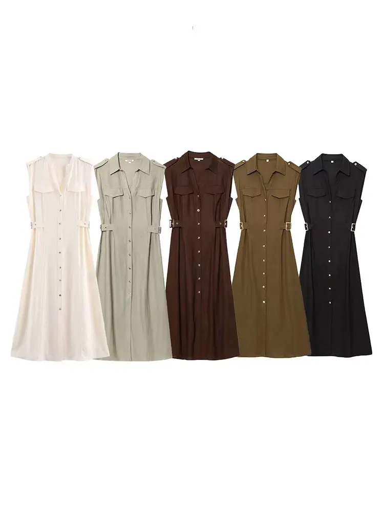 HH Dames Zomer Vintage Gezellige Linnen Midi-jurk Effen Revers Single-breasted Taille Met Zijlussen Nep Zakken Trendy Jurk