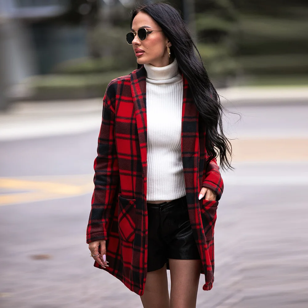 European and American autumn and winter lapel jacket slim-fitting velvet long-sleeved women's long plaid shirt woolen jacket