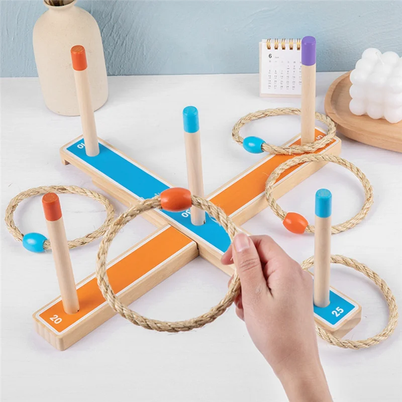 

ABMW-Ring Toss Toy Set Kids Outdoor Throwing Ring Game 3-12 Years Kids Outdoor Games Wooden Ring Throwing Play Tape