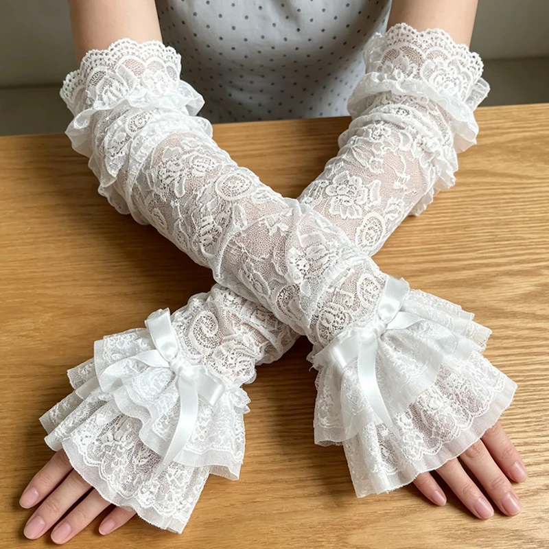 

Lace Lace Bow Women Oversleeve Sun Protection Hollow Out Lace Fingerless Gloves Sleeve Bridal Wrist Gloves Clothing Accessories