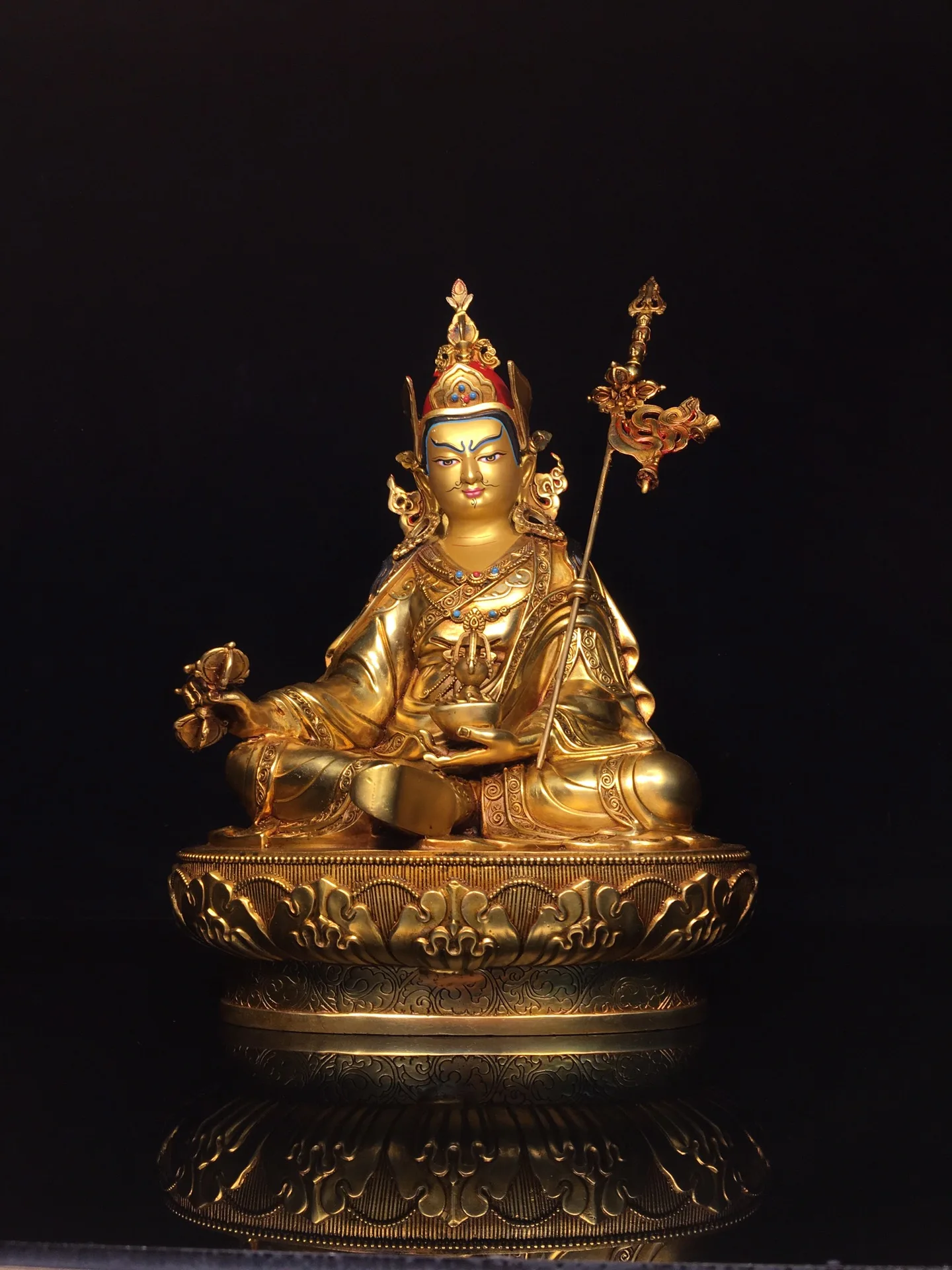 

33"Tibetan Temple Collection Old Bronze Gilded Painted Face Mosaic Gem Padmasambhava lotus platform Sitting Buddha Worship Hall