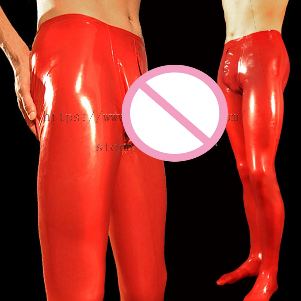 

Men's latex leggings pants with hidden crotch con dom in solid red color