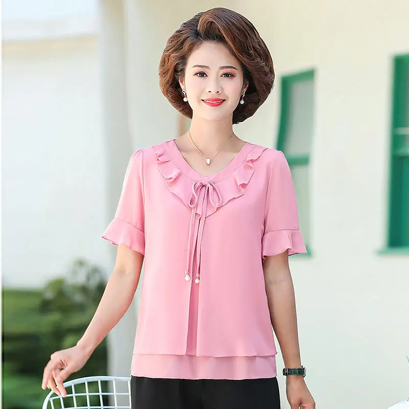 New Summer Oversized Women Chiffon Blouse Lotus Leaf Collar Short Sleeve Loose Shirts Lady Tops Blusas De Mujer Moda 2023 Verano