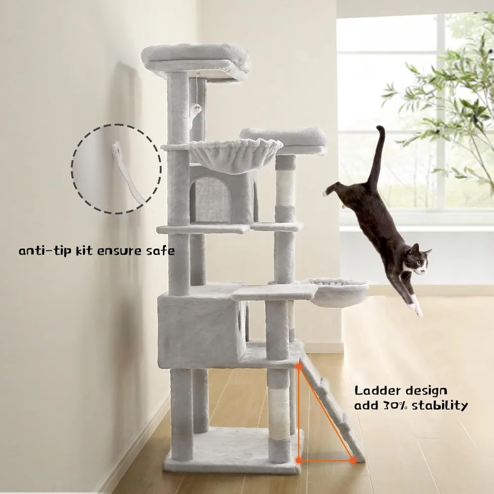 Árvore para gatos, árvore para gatos de vários níveis atualizada para gatos internos, torre para gatos de 63 pol. com almofada removível, plataforma grande, rede, arranhando