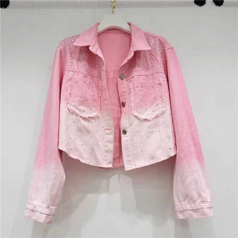 

European Goods 2023 Autumn New Heavy Industry Hot Diamond Gradual Change Color Denim Short Jacket Jacket Women's Small Versatile