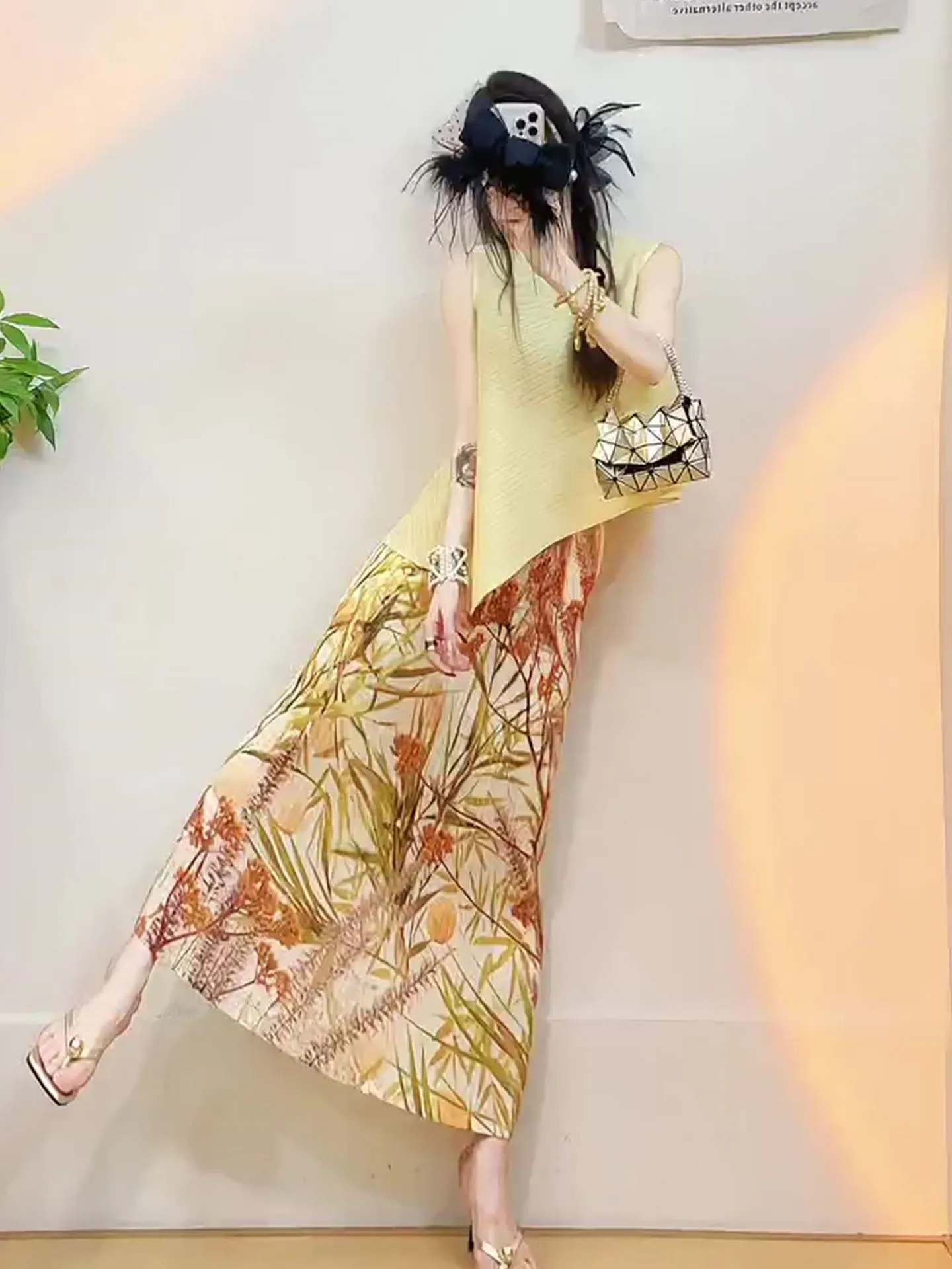 

Fluorescent Yellow Top And Printed Half Skirt Set Women's Summer Beautiful Fashionable Breathable Polyester Two-Piece Suit