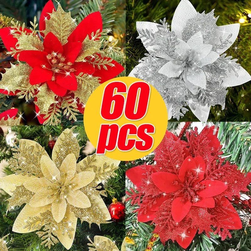 Artificial Glitter Christmas Flowers Red Gold Poinsettia Flower Head Xmas Tree Ornaments Fake Flower Floral New Year Party Decor