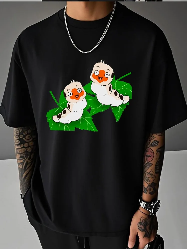 Mens Summer Loose T Shirt Cute Cartoon Silkworm Leaf Graphic Short Sleeve Tees Streetwear Male Daily Oversized Fashion Tops