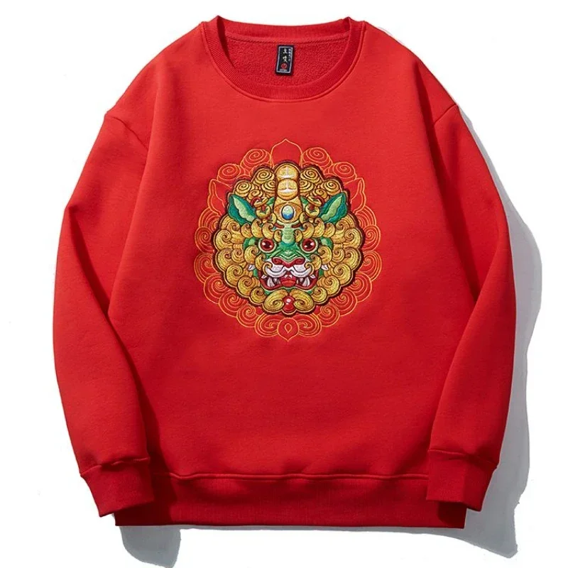 NEW Autumn Winter National Style Hoodie for Men, Loose Fit Pullover with Chinese Xiu Embroidery and Thick Fleece, Red Sweatshirt