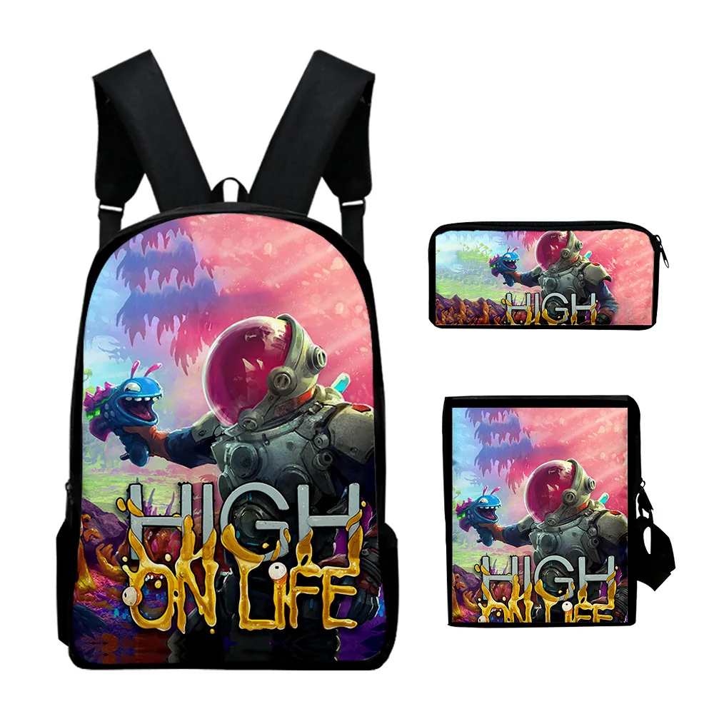 

High on Life Anime Backpack 3 Pieces Sets Shoulder Bags Unisex Daypack Zipper Bag Unique Pencil Bag