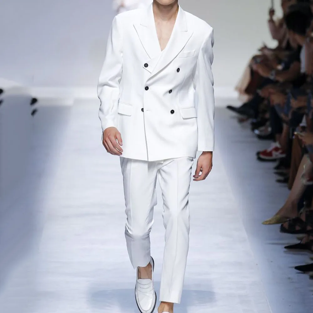 

Formal White Suits for Men Double Breasted 2 Pieces Jacket Pants Male Clothing Smart Business Banquet Slim Fit Blazers Sets