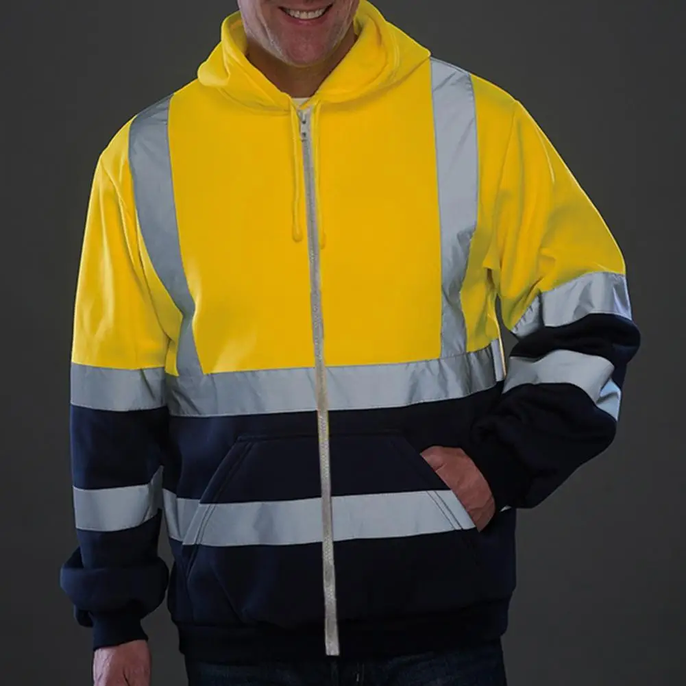 Men Reflective Hoodie Safe Warning Coat Long Sleeve Warm Soft Sanitation Overalls Cold-Proof Outdoor Work Safety Jacket