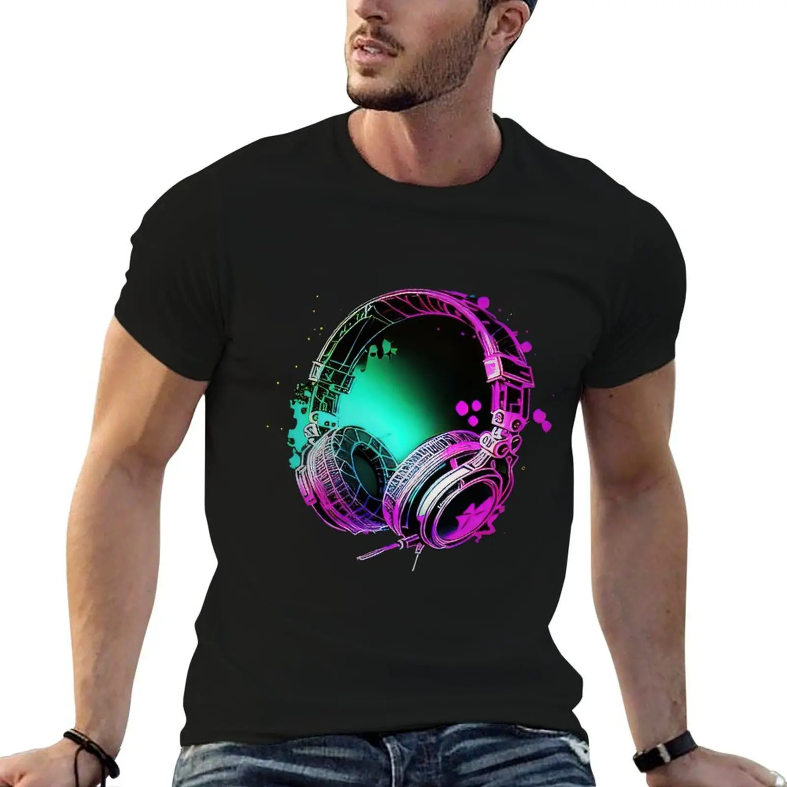 Art Rave t - man Headphones T-Shirt Graffiti shirts DJ shirt funny Rainbow essential t Neon