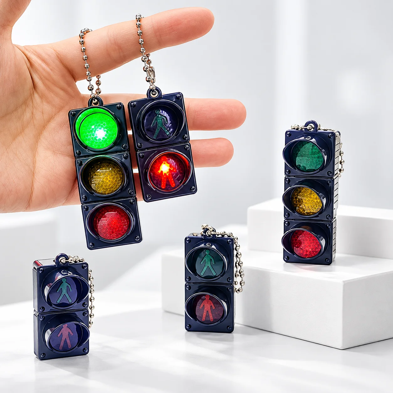 Mini LED Traffic Light Keychain Pedestrian Crossing Signal Light Up Pendant Creative Key Ring Bag Charm Accessories