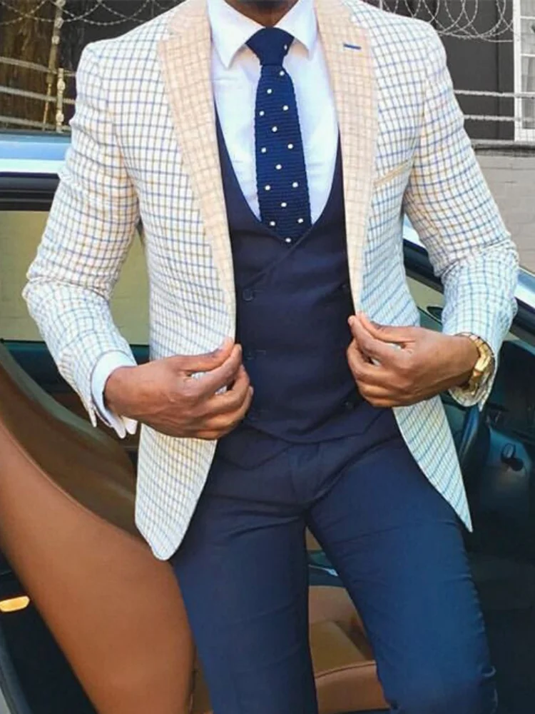 Mens Slim Fit Beige Plaid Single Button Suit Jacket Elegant Business Wedding Blazer