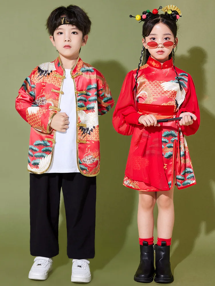 Kids Cheongsam Hanfu Costume Dragon Print Red Tops Black Pants for Girls Boys Chinese Traditional Clothing