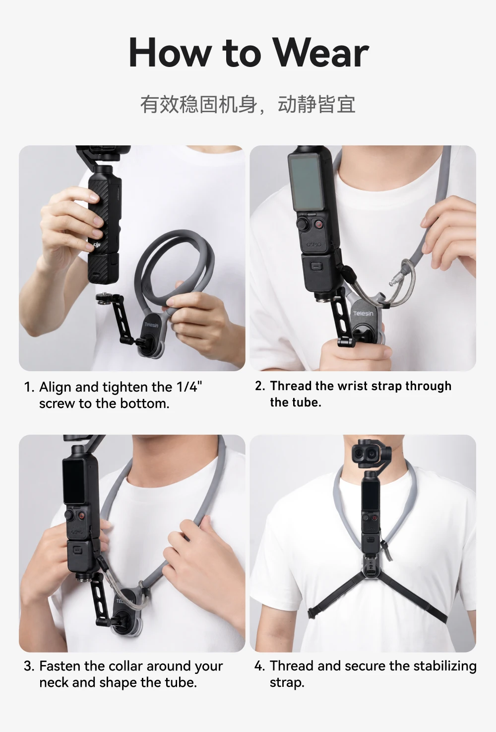TELESIN Gimbal-Kamera-Nackenhalterung für DJI Osmo Pocket 3/4/4 Pro Luna Pro/Ultra, freihändiger POV-Brustgurt-Halter mit 1/4-Zoll-Schraube – Detail 8
