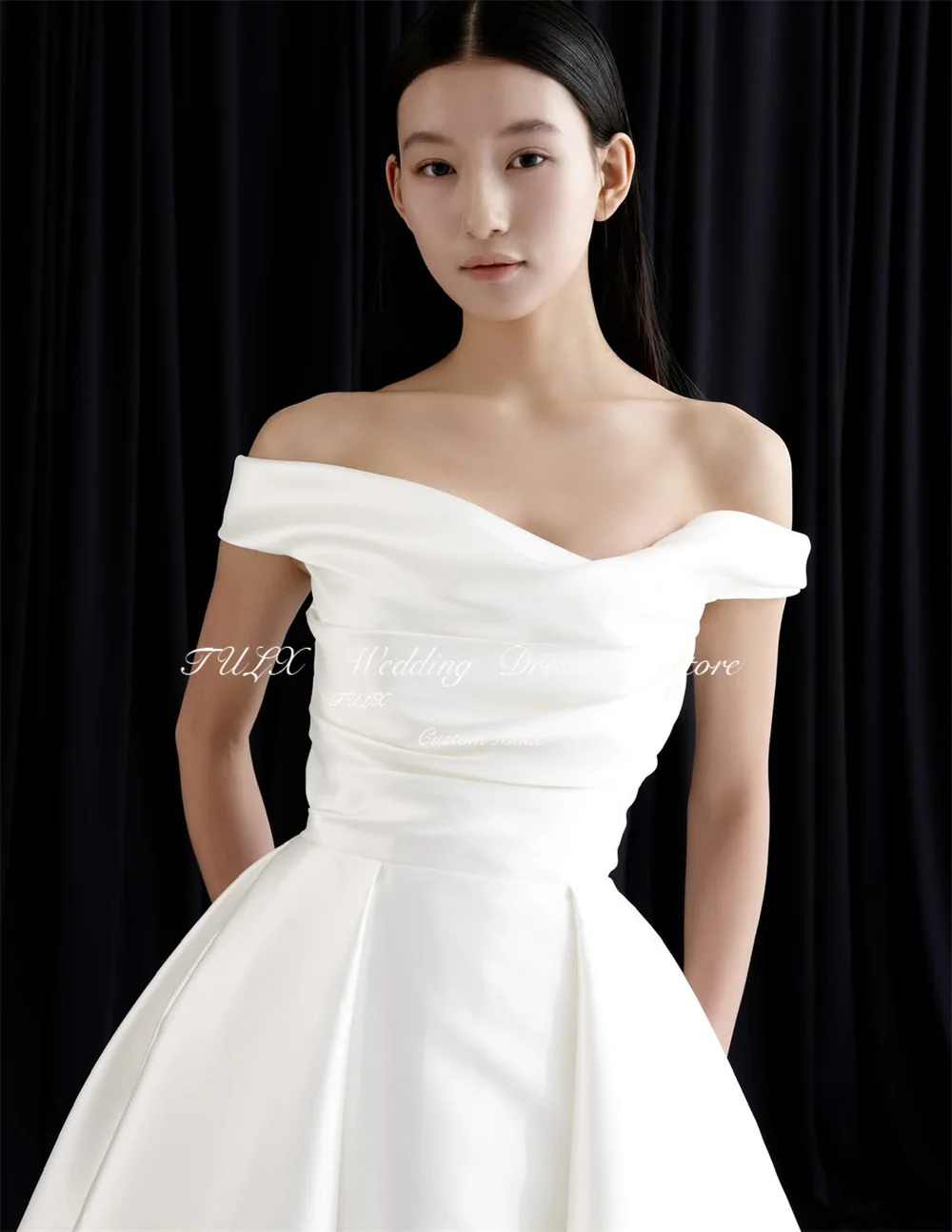 TULX Simple ivory Satin Korea Wedding Dress Photo Shoot Off Shoulder Pleat Bridal Gown Floor Length Corset 웨딩드레스 Customized